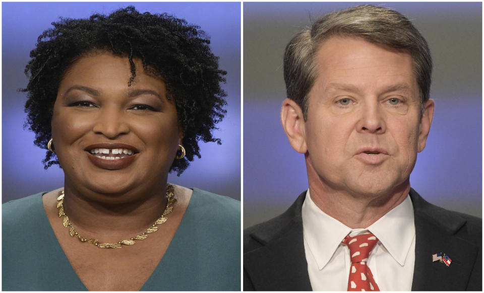 This combination of May 20, 2018, photos shows Georgia gubernatorial candidates Stacey Abrams, left, and Brian Kemp in Atlanta. Democrats and Republicans nationwide will have to wait a bit longer to see if Georgia elects the first black woman governor in American history or doubles down on the Deep South’s GOP tendencies with an acolyte of President Donald Trump (AP Photos/John Amis, File)