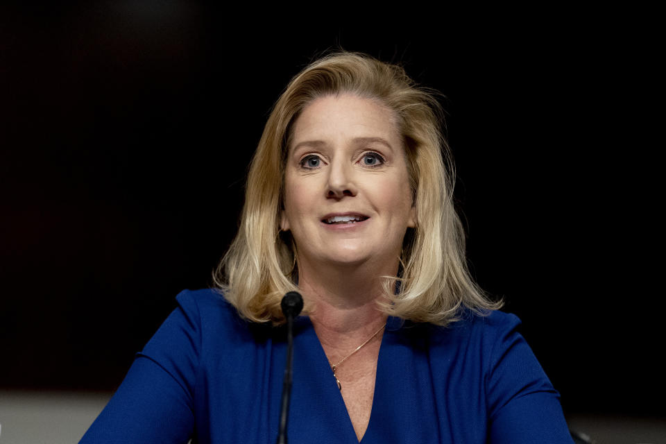 Nominee to be Secretary of the Army Christine Elizabeth Wormuth speaks during a Senate Armed Services Committee nomination hearing on Capitol Hill in Washington, Thursday, May 13, 2021. (AP Photo/Andrew Harnik)