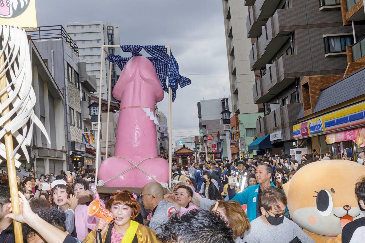 Attendees at Kanamara Matsuri in Kawasaki, Japan, on April 2, 2023