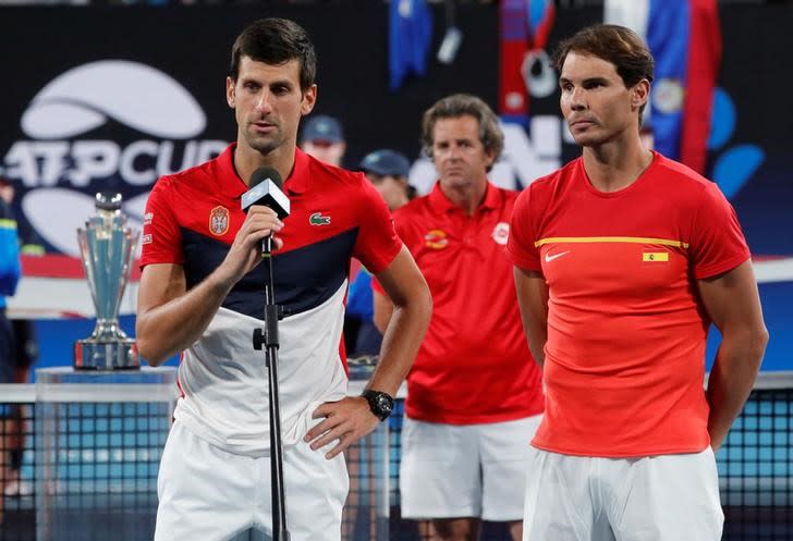 El tenista serbio Novak Djokovic habla tras ganar con su país la ATP Cup al equipo español liderado por Rafael Nadal, en Sídney, Australia