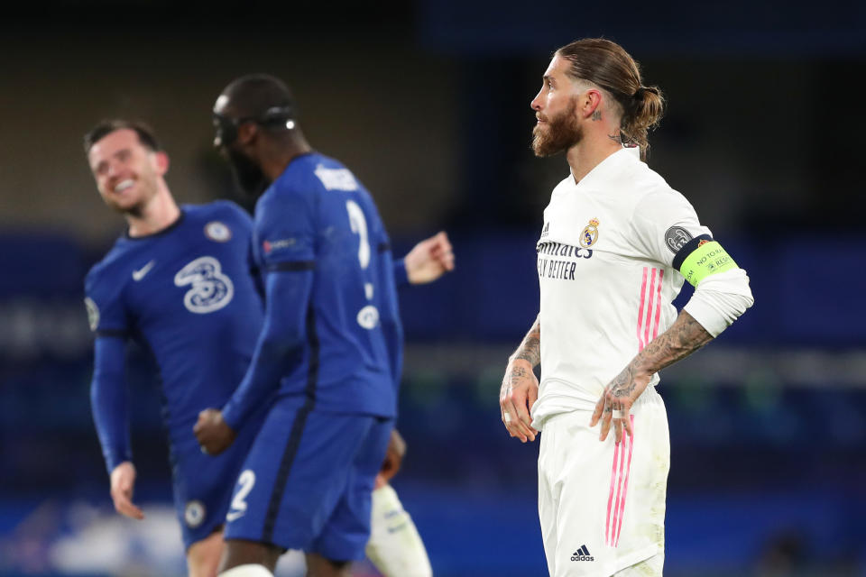 A dejected Sergio Ramos of Real Madrid as his team loses 2-0 during the UEFA Champions League Semi Final Second Leg match between Chelsea and Real Madrid at Stamford Bridge.