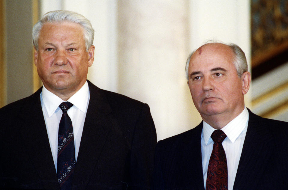 FILE Former Soviet President Mikhail Gorbachev, right, stands with Russian President Boris Yeltsin in Moscow, Russia in this 1991 photo. Russian news agencies are reporting that former Soviet President Mikhail Gorbachev has died at 91. The Tass, RIA Novosti and Interfax news agencies cited the Central Clinical Hospital. (AP Photo/Alexander Zemlianichenko, File)