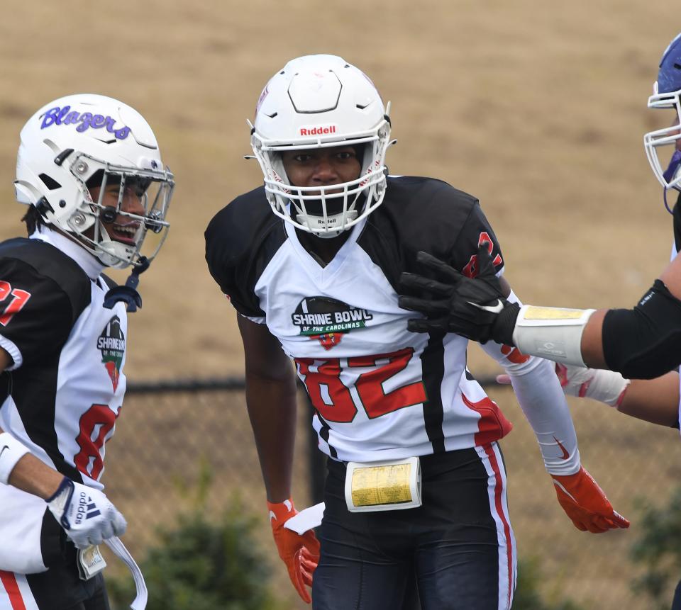 South Carolina wide receiver Tyler Brown (82) of Greenville High reacts to a play at the 86th annual Shrine Bowl of the Carolinas at Viking Stadium in Spartanburg, S.C. Saturday, December 17, 2022. 