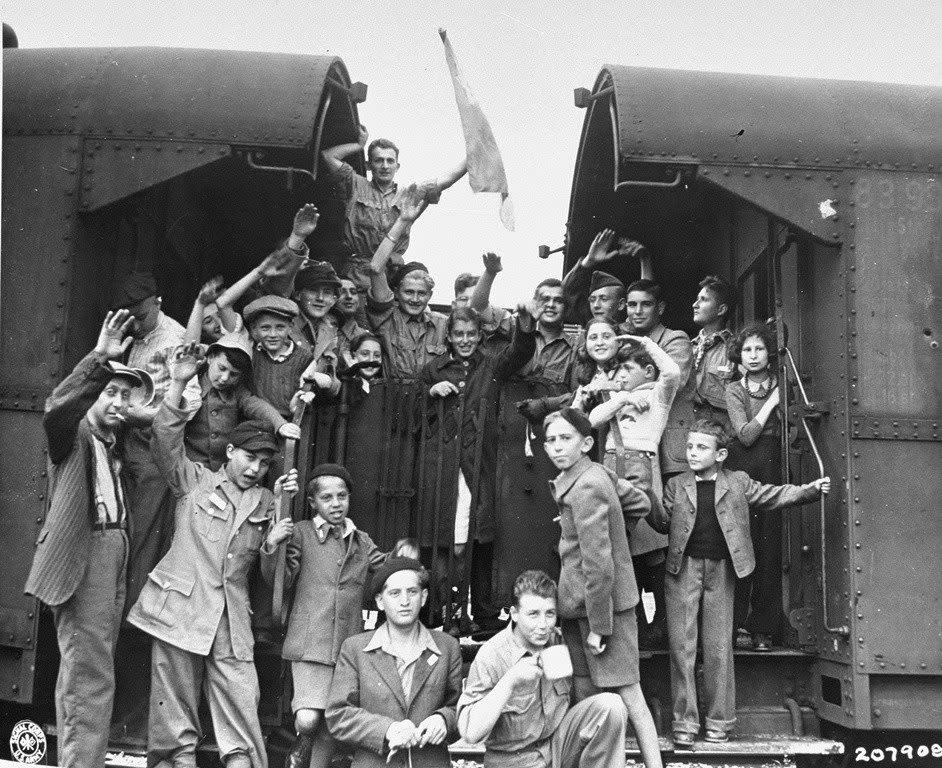 Liberated Jewish children leaving Buchenwald concentration camp in 1945