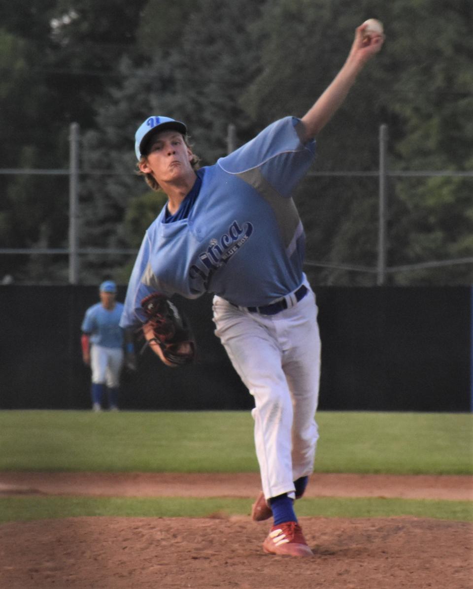 Holden de Jong delivers a pitch for the Blue Sox during Utica's Independence Day home game against the Watertown Rapids.