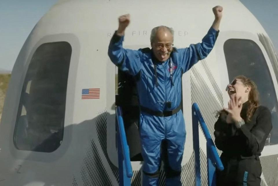 Ed Dwight pictured stepping off the Blue Origin spacecraft of Sunday. The 90-year-old was the first Black man to train as an astronaut but never made it into space — until today (BLUE ORIGIN/AFP via Getty Images)