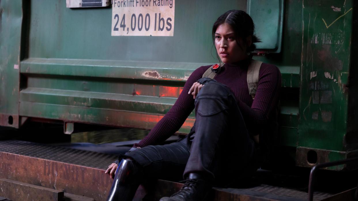  Maya Lopez sits with her back against a forklift truck in Marvel Studios' Echo on Disney Plus 