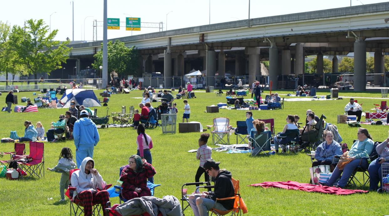 People gather on the Great Lawn ahead of the start of Thunder Over Louisville on Saturday, April 20, 2024.