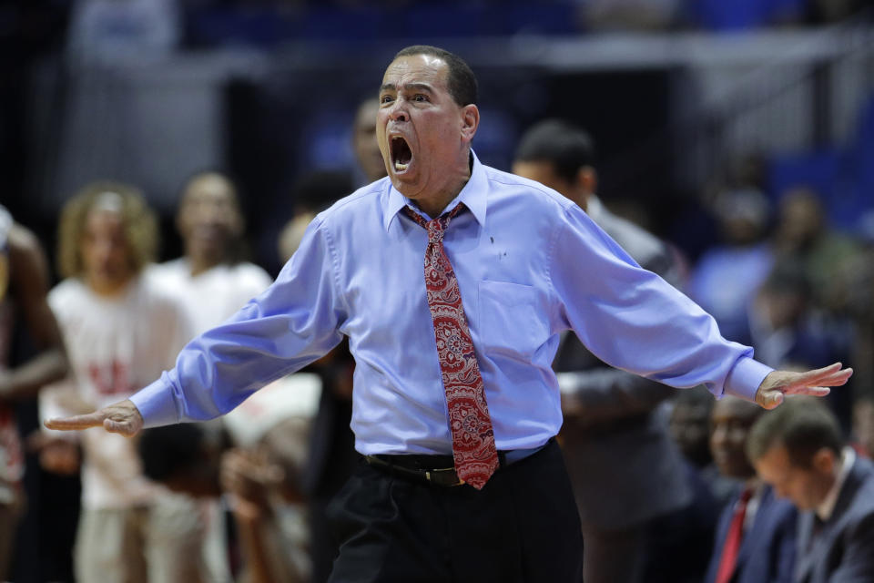 Houston head coach Kelvin Sampson reacts to a foul call during the first half of a second round men's college basketball game against Ohio State in the NCAA Tournament Sunday, March 24, 2019, in Tulsa, Okla. (AP Photo/Charlie Riedel)