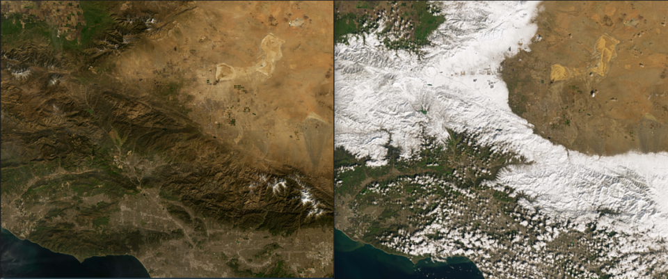 Before and after photos show the aftermath of a “powerful late-February storm” in Southern California which brought blizzard warning to some regions, according to NASA.
