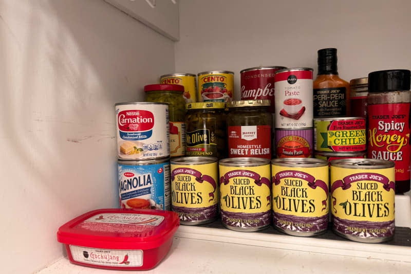 Canned goods after organizing pantry.