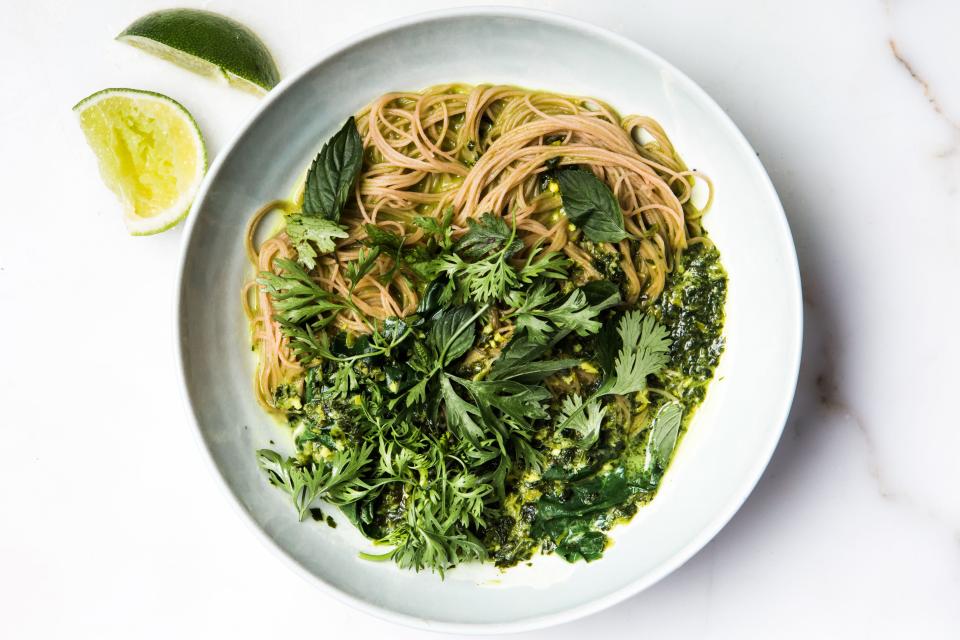 Green Curry with Brown Rice Noodles and Swiss Chard