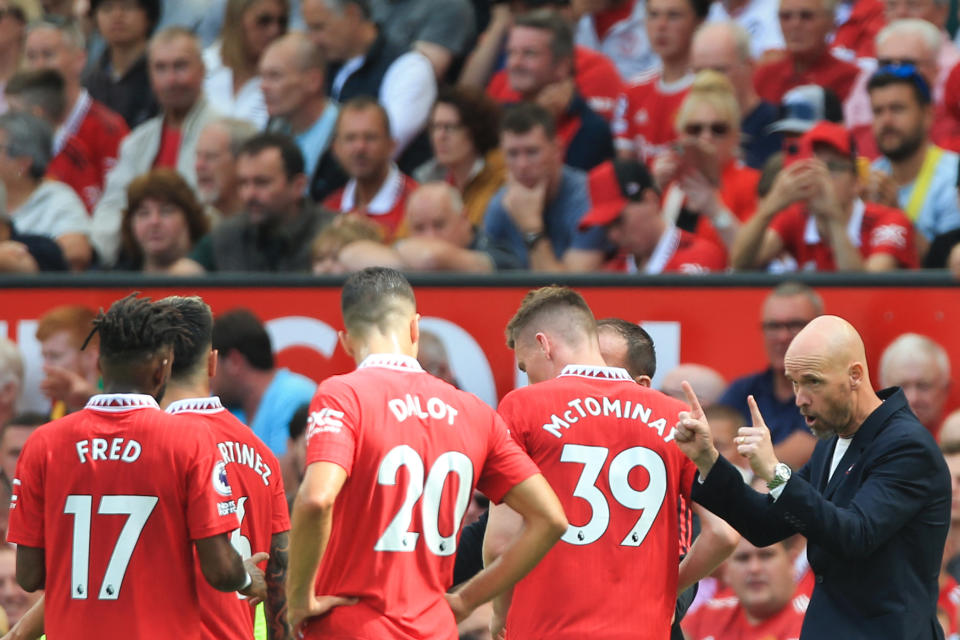 Manchester United's manager Erik ten Hag (pictured right) speaks to his players during the English Premier League.