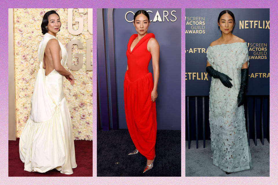 Greta Lee at the Golden Globe Awards, the Governors Awards, and the Screen Actors Guild Awards<span class="copyright">Kevin Mazur—Getty Images; Frazer Harrison/Getty Images (2)</span>
