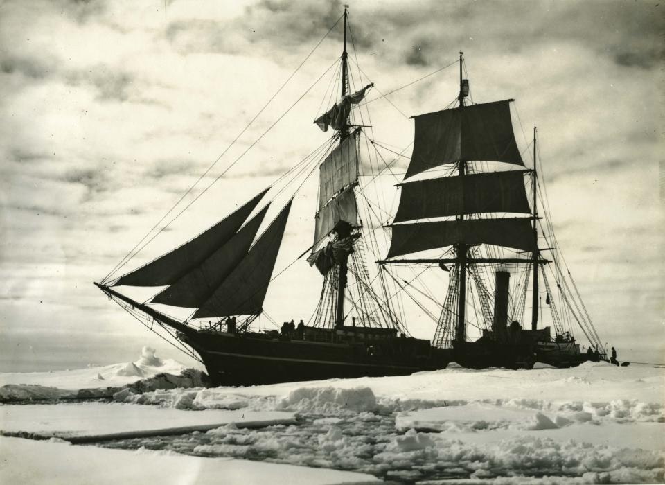 The "Terra Nova", the expedition ship, surrounded by ice in Antarctica. ©H Ponting photograph, Canterbury Museum, New Zealand