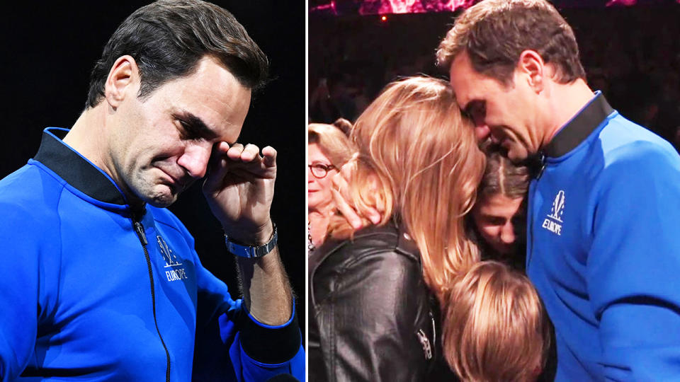 Roger Federer, pictured here in tears while bidding farewell to tennis. 