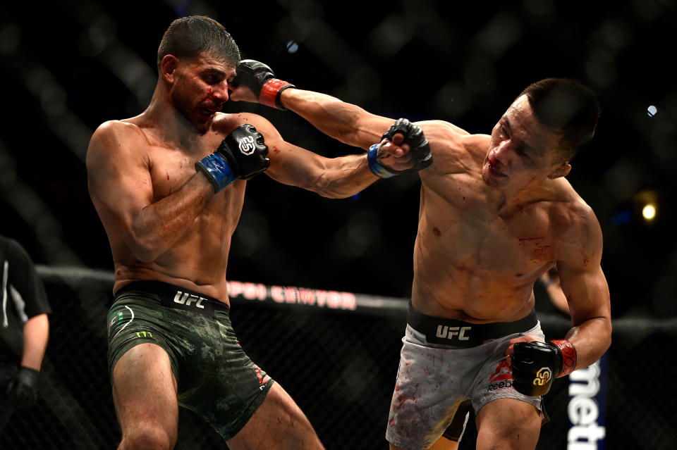 DENVER, CO - NOVEMBER 10:  (L-R) Yair Rodriguez of Mexico and Chan Sung Jung of South Korea exchange punches in their featherweight bout during the UFC Fight Night event inside Pepsi Center on November 10, 2018 in Denver, Colorado. (Photo by Chris Unger/Zuffa LLC/Zuffa LLC via Getty Images)