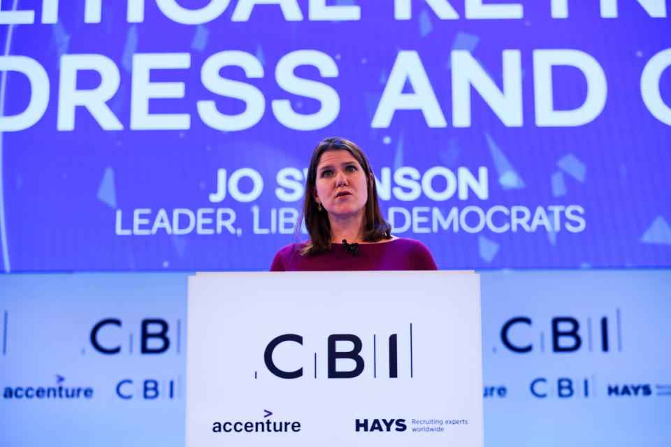 Leader of the Liberal Democrats Jo Swinson makes a keynote political speech during the annual Confederation of British Industry (CBI) conference held in London. (Photo by Steve Taylor / SOPA Images/Sipa USA)