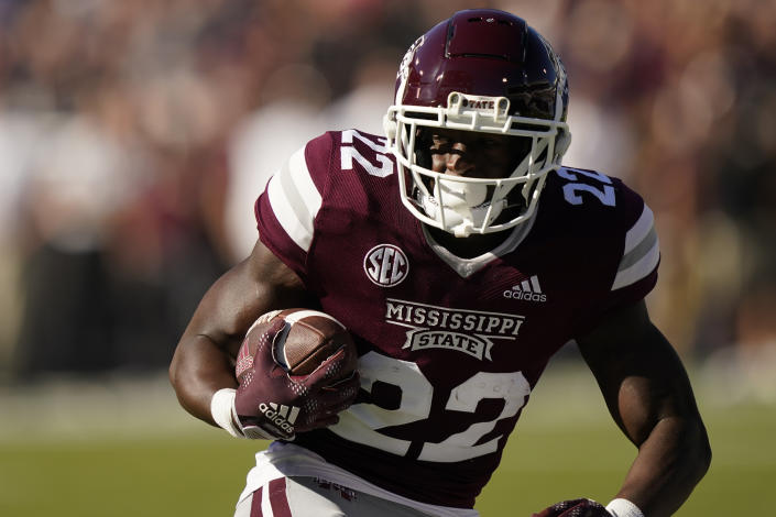 Mississippi State running back Simeon Price (22) runs upfield against Texas A&M during the first half of an NCAA college football game in Starkville, Miss., Saturday, Oct. 1, 2022. (AP Photo/Rogelio V. Solis)