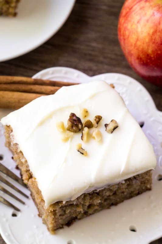 <p>Just So Tasty</p><p>This apple spice cake with cream cheese frosting is packed with flavor, filled with cinnamon, and has a delicious caramel undertone thanks to brown sugar. Then topped with fluffy cream cheese frosting–it’s the perfect cake for fall! </p><p><strong>Get the recipe: <em><a href="https://www.justsotasty.com/apple-spice-cake-cream-cheese-frosting/" rel="nofollow noopener" target="_blank" data-ylk="slk:Apple Spice Cake with Cream Cheese Frosting;elm:context_link;itc:0;sec:content-canvas" class="link ">Apple Spice Cake with Cream Cheese Frosting</a></em></strong></p><p><strong>Related: <a href="https://parade.com/1122105/lisamarcaurele-2/best-keto-cream-cheese-recipes/" rel="nofollow noopener" target="_blank" data-ylk="slk:Best Keto Cream Cheese Recipes;elm:context_link;itc:0;sec:content-canvas" class="link ">Best Keto Cream Cheese Recipes</a></strong></p>