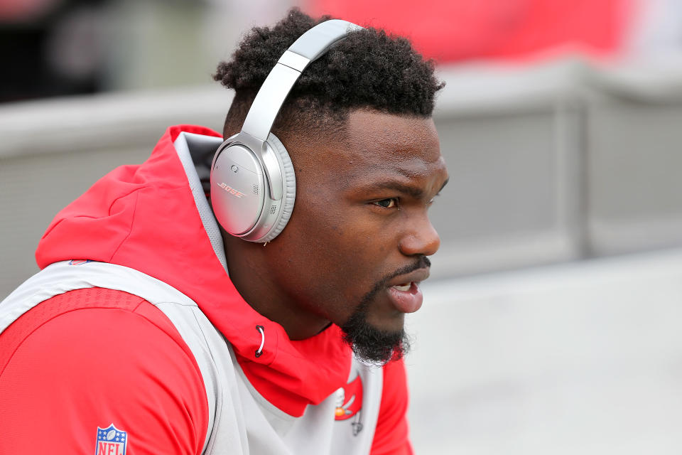 Shaquil Barrett (58) of the Bucs listens to some music before the regular season game between the Houston Texans and the Tampa Bay Buccaneers on December 21, 2019 at Raymond James Stadium in Tampa, Florida. (Photo by Cliff Welch/Icon Sportswire via Getty Images)