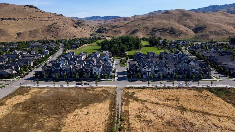 Developers have transformed former ranch land into homes in Harris Ranch. The Harris family still owns some central farmland, shown in center of this north-facing aerial image.