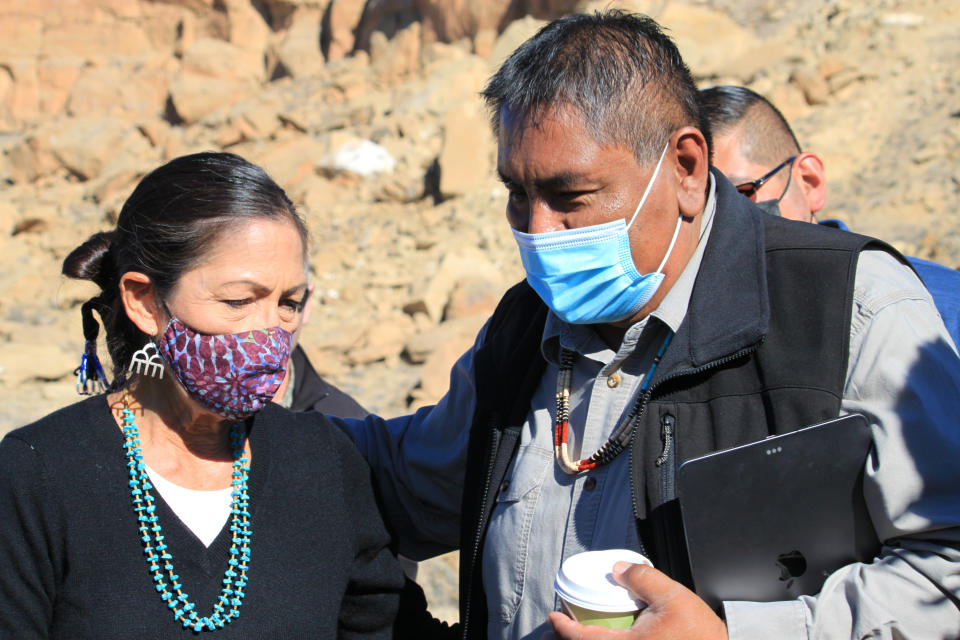 U.S. Interior Secretary Deb Haaland meets with tribal governors following a celebration at Chaco Culture National Historical Park in northwestern New Mexico on Monday, Nov. 22, 2021. (AP Photo/Susan Montoya Bryan)