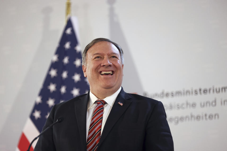 U.S. Secretary of State Mike Pompeo holds a joint news conference with Austrian Foreign Minister Alexander Schallenberg in Vienna Austria, Friday Aug. 14, 2020. Pompeo is on a five-day visit to central Europe. (Lisi Niesner/Pool via AP)