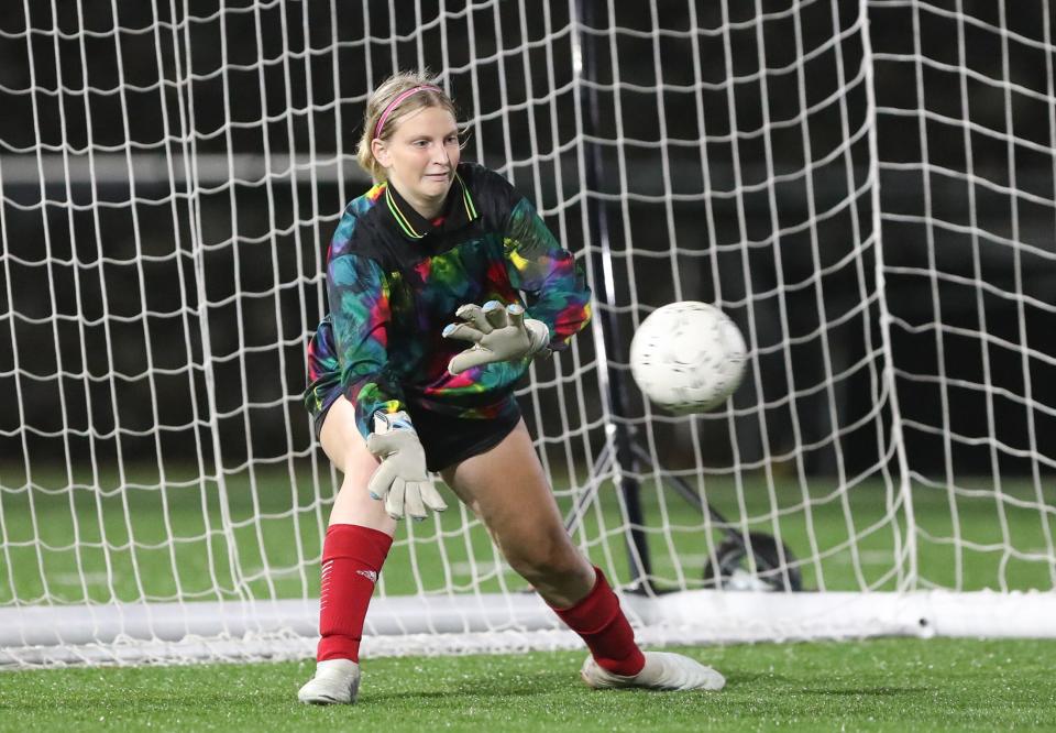 Katie Guinan, seen here in a game on Oct. 26, made three penalty kick saves to help send Rogers girls soccer to the championship game.