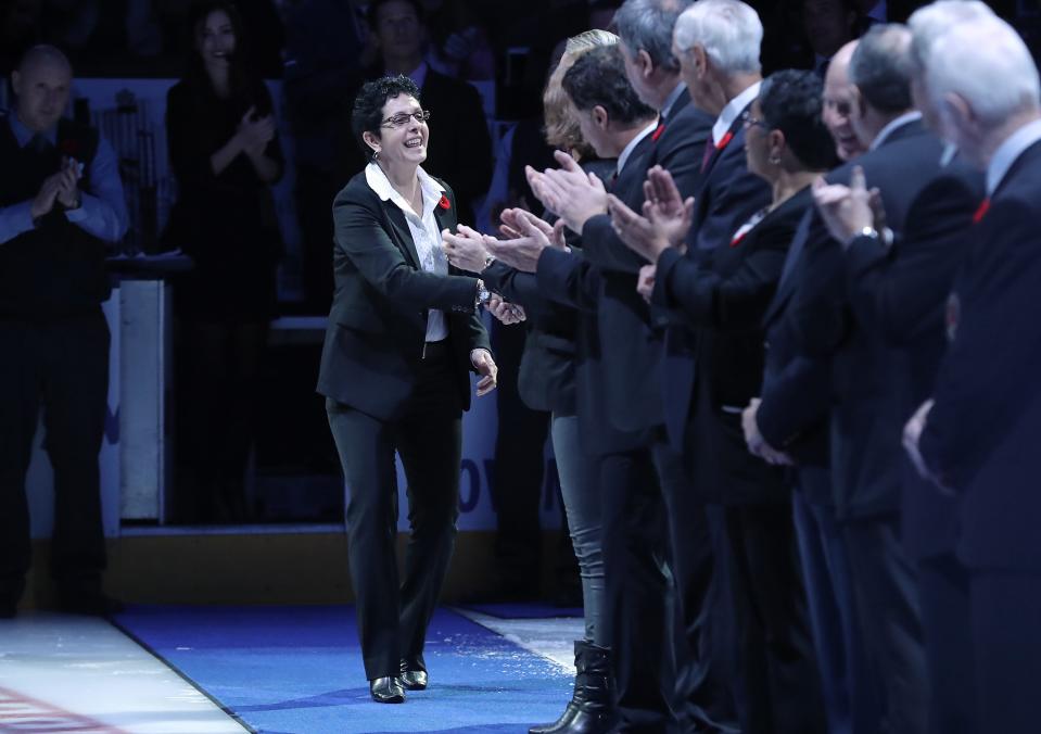 Nov 10, 2017; Toronto, Ontario, CAN; Hockey Hall of Fame inductee Danielle Goyette is introduced during a pre-game ceremony before the start of the Toronto Maple Leafs Hall of Fame Game against the Boston Bruins at Air Canada Centre. The Maple Leafs beat the Bruins 3-2 in overtime. Mandatory Credit: Tom Szczerbowski-USA TODAY Sports