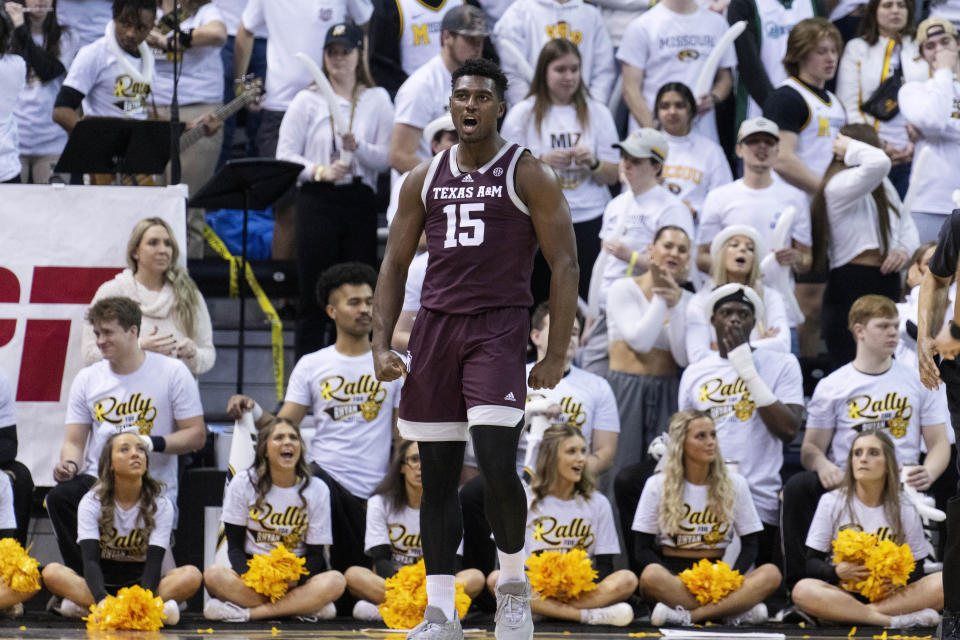 Texas A&M's Henry Coleman III celebrates a basket against Missouri during the second half of an NCAA college basketball game Saturday, Feb. 18, 2023, in Columbia, Mo. (AP Photo/L.G. Patterson)