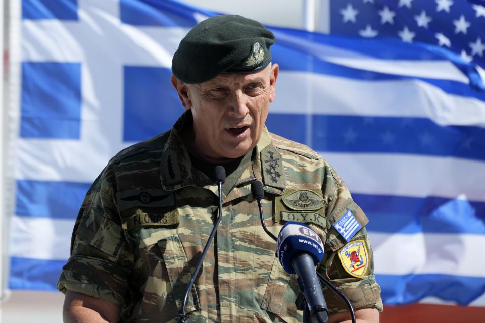 The head of Greece's joint chiefs of staff, Gen. Constantinos Floros speaks during a ceremony at Tanagra air force base about 74 kilometres (46 miles) north of Athens, Greece, Monday, Sept. 12, 2022. Greece's air force on Monday took delivery of a first pair of upgraded F-16 military jets, under a $1.5 billion program to fully modernize its fighter fleet amid increasing tension with neighboring Turkey. (AP Photo/Thanassis Stavrakis)