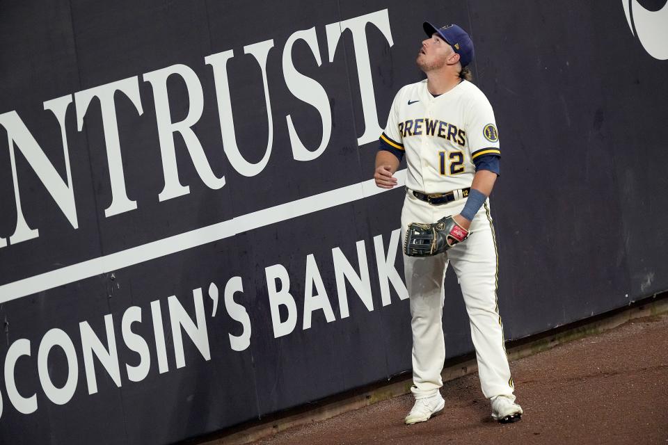 Brewers rightfielder Hunter Renfroe watches a hone run off the bat of Phillies third baseman Bryson Stott sail over the wall during the third inning Wednesday.