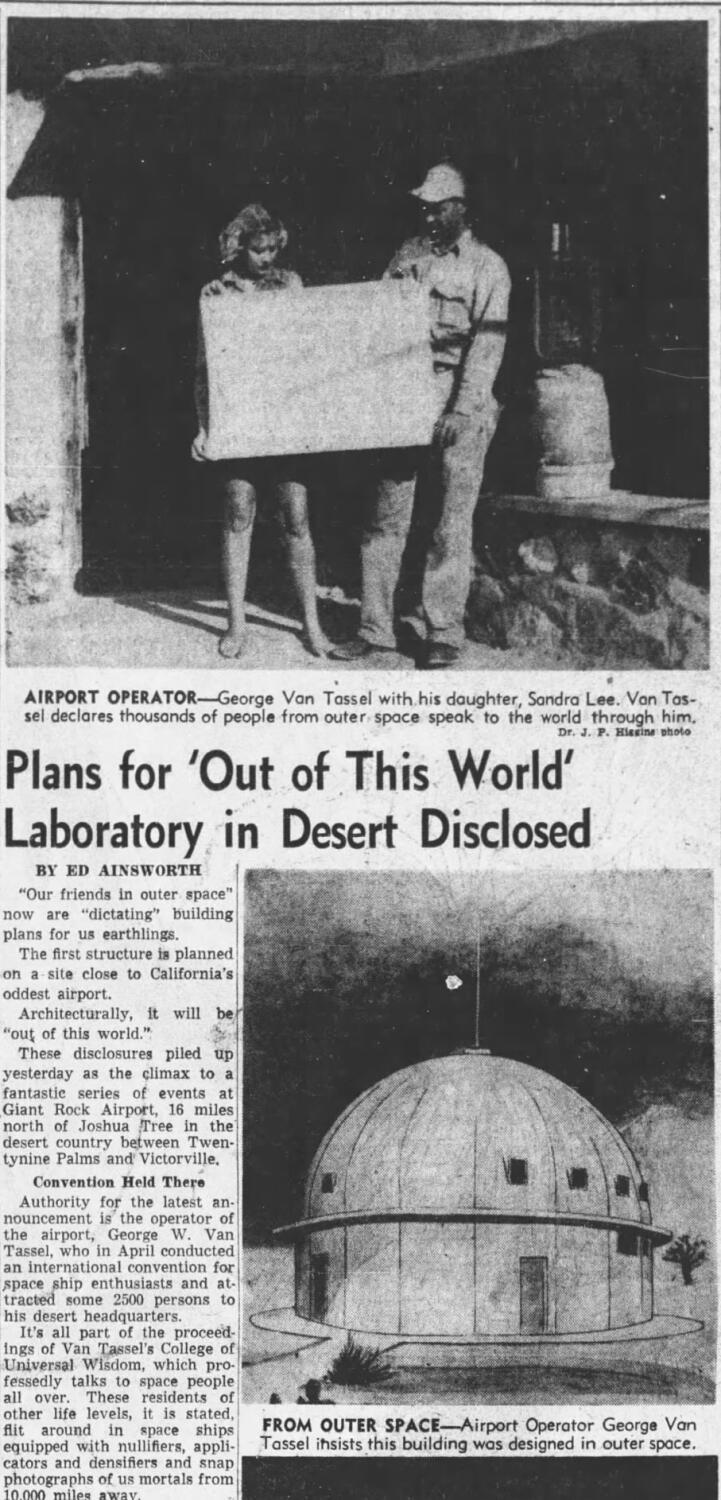 Headline: Plans for 'Out of This World' desert lab revealed.  Photo shows Van Tassel and daughter.