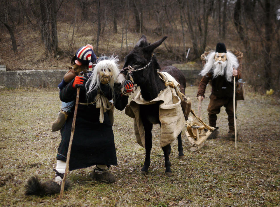 Kukeri and their horse from Blagoevgrad in costume. Similar events also take place on Sirni Zagovezni (the Sunday before Lent) and on Todorova Nedelia (the Sunday before the start of the Easter Fast) (Amos Chapple / Rex Features)