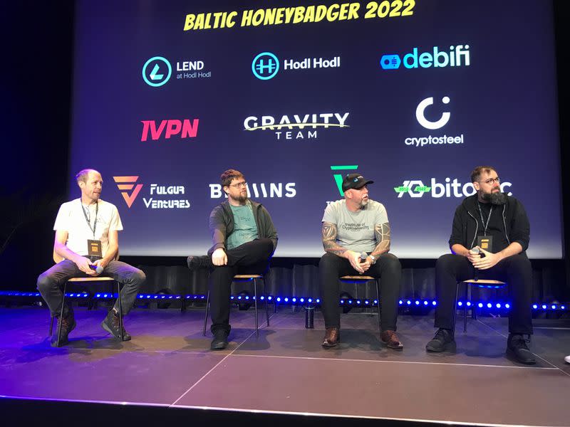 From left: Douglas Bakkum, Peter Todd, Rigel Walshe, and Pavol Rusnak at Baltic Honeybadger 2022 in Riga, Lativa (Anna Baydakova/CoinDesk)