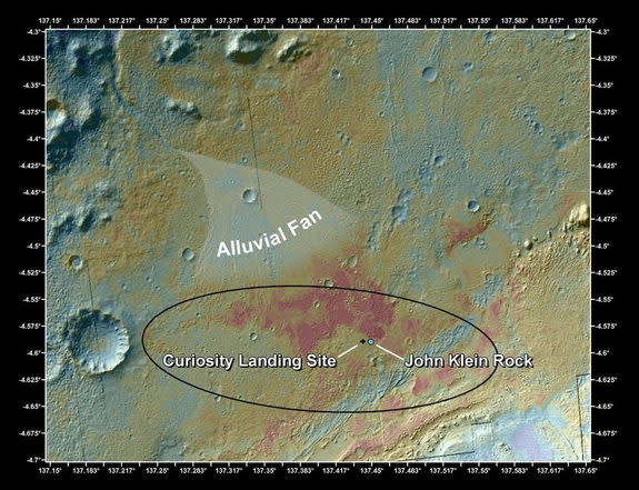 This false-color map shows the area within Gale Crater on Mars, where NASA's Curiosity rover landed on Aug. 5, 2012 PDT (Aug. 6, 2012 EDT) and the location where Curiosity collected its first drilled sample at the "John Klein" rock. Image relea