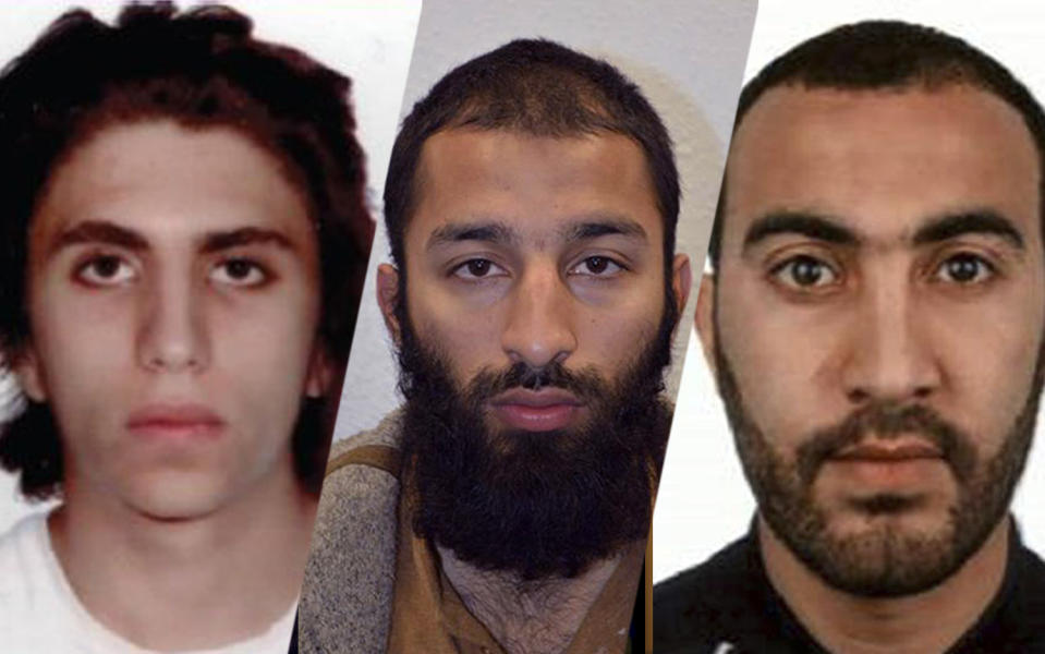 <p>Youssef Zaghba, Khuram Shazad Butt, & Rachid Redouane have been named as the suspects in Saturday’s attack at London Bridge. (Photo: Metropolitan Press via AP) </p>