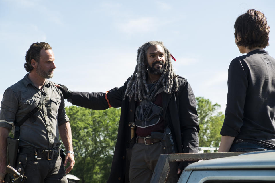 <p>Andrew Lincoln as Rick Grimes, Khary Payton as Ezekiel, and Lauren Cohan as Maggie Greene in AMC’s <i>The Walking Dead</i>.<br>(Photo: Gene Page/AMC) </p>