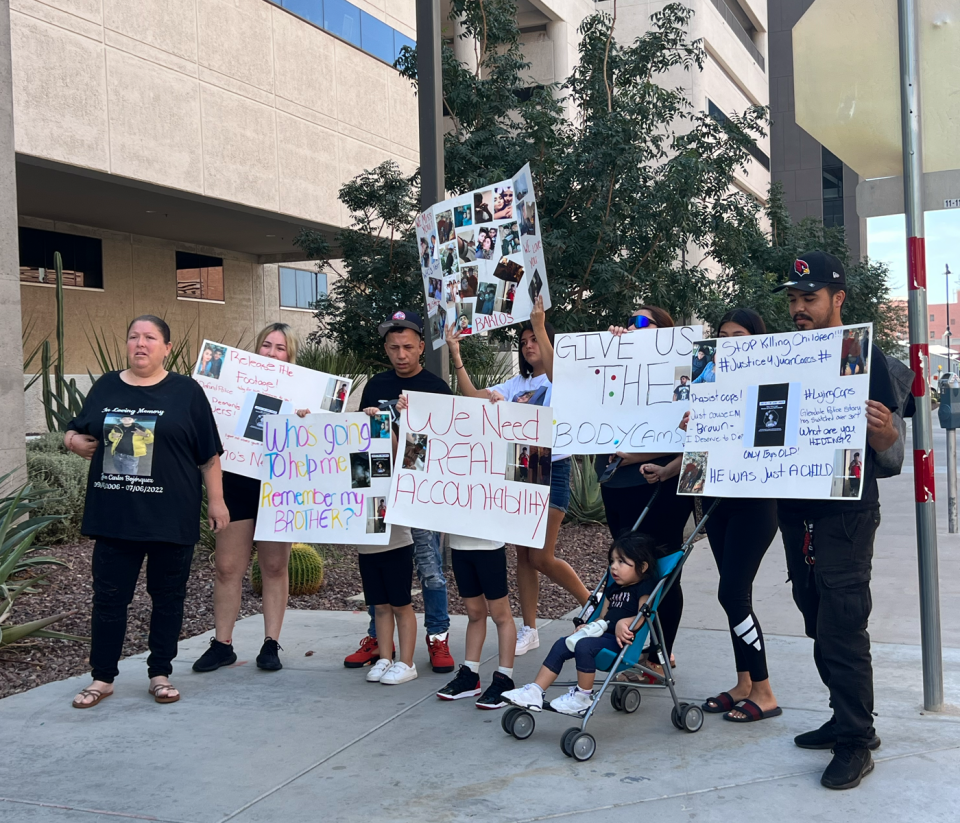 Maria Martinez, the aunt of Juan Carlos Bojorquez, who was fatally shot by Glendale police, joins others at the steps of the Maricopa County Attorney's Office on Aug. 22, 2023, to demand transparency.