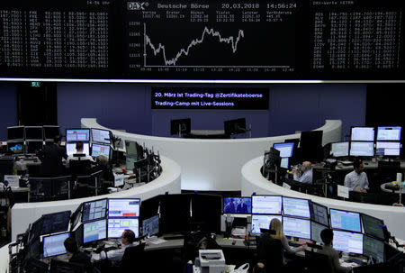 The German share price index, DAX board, is seen at the stock exchange in Frankfurt, Germany, March 20, 2018. REUTERS/Staff/Remote/Files