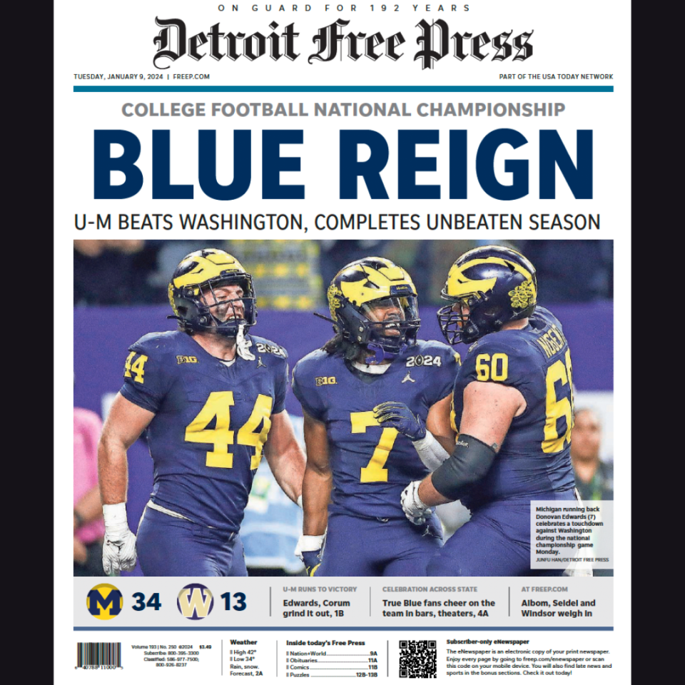 The front page of the Detroit Free Press on Tuesday, January 9, 2024.