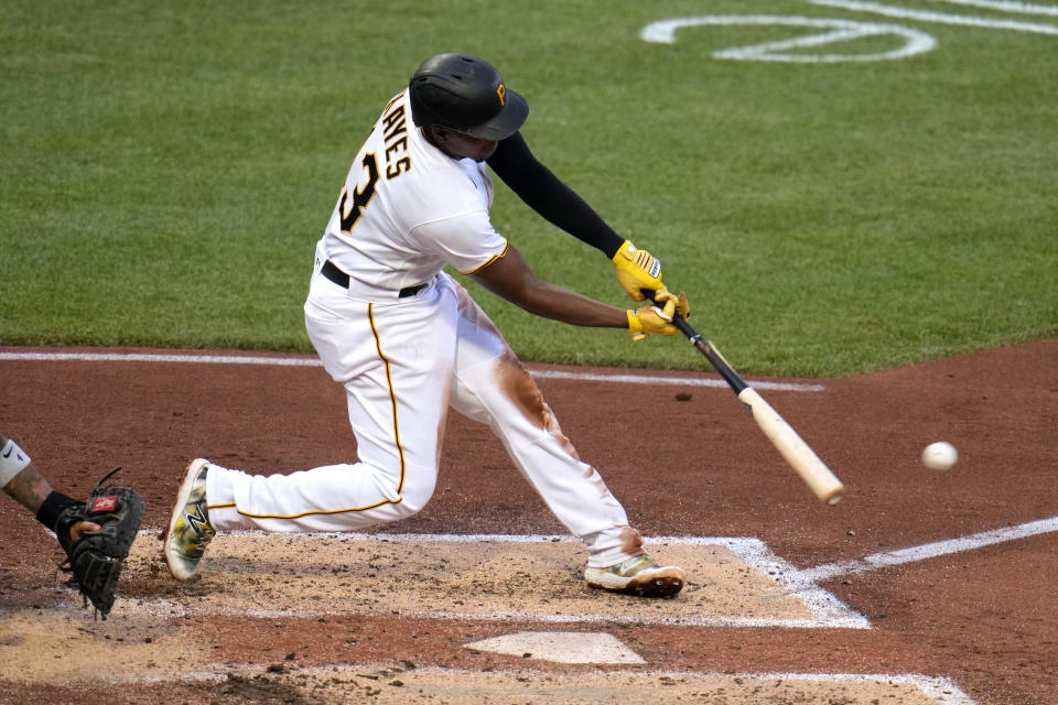 Pittsburgh Pirates' Ke'Bryan Hayes hits a two-run single off New York Mets starting pitcher Tylor Megill during the third inning of a baseball game in Pittsburgh, Friday, June 9, 2023. (AP Photo/Gene J. Puskar)
