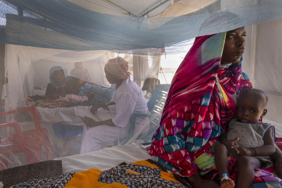 Sudanese Children suffering from malnutrition are treated at an MSF clinic in Metche Camp, Chad, near the Sudanese border, Saturday, April 6, 2024. Many people here fled the fighting in Sudan's vast western region of Darfur, where attacks by the Arab-dominated Rapid Support Forces on ethnic African civilians have revived memories of genocide. The United Nations says close to 9 million people have fled their homes. (AP Photo/Patricia Simon)