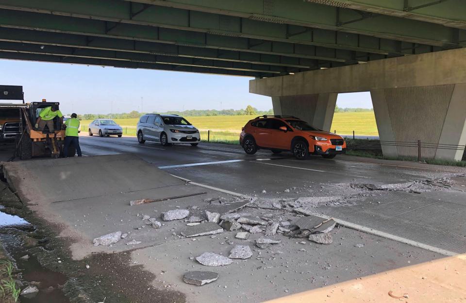 A portion of Interstate 229  buckles from high temperatures and heat indexes, July 19, 2019 in Sioux Falls, S.D. The temperature in Sioux Falls was 93 degrees with a heat index of 107 degrees when the buckle was reported Friday afternoon.