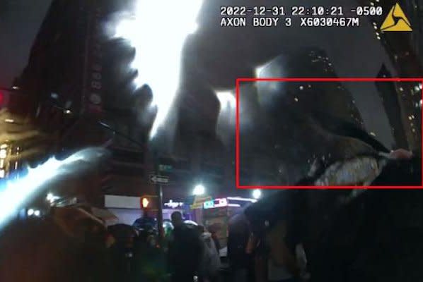 NYPD body cam image from New Year's Eve 2022 knife attack on NYPD officers by Trevor Bickford. Bickford has pleaded guilty to attacking the officers with a large curved knife as an act of Islamic Jihad. Photo courtesy of U.S. Department of Justice