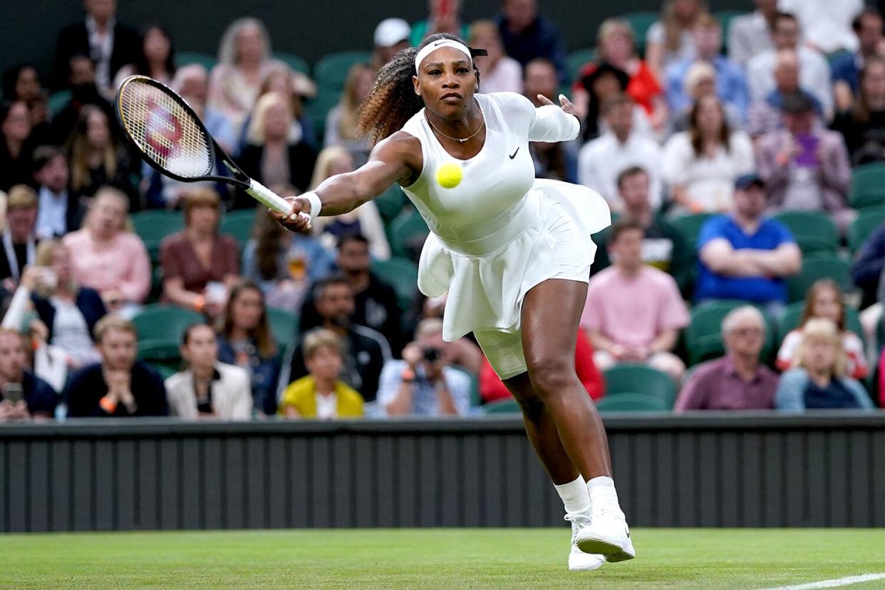 Serena Williams in action during her first round ladies' singles match against Aliaksandra Sasnovich on centre court on day two of Wimbledon at The All England Lawn Tennis and Croquet Club, Wimbledon. Picture date: Tuesday June 29, 2021.