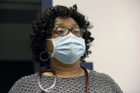 Dr. Janice Bacon speaks at the Community Health Care Center on the Tougaloo College campus, in Tougaloo, Miss., on Aug. 14, 2020. A Black primary care physician practicing in Mississippi for nearly four decades, Bacon works at an all-African American-run trio of community health centers in Hinds County, where the population is overwhelmingly Black — and where the most coronavirus cases have been reported in the state. (AP Photo/Rogelio V. Solis)