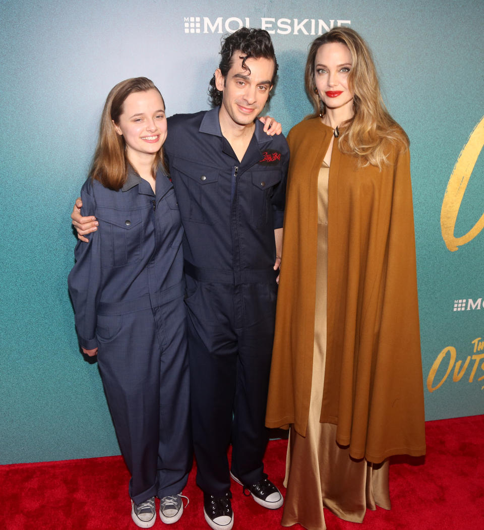 NEW YORK, NEW YORK - APRIL 11: Vivienne Jolie-Pitt, Justin Levine and Angelina Jolie attend the opening night of "The Outsiders" at The Bernard B. Jacobs Theatre on April 11, 2024 in New York City. (Photo by Bruce Glikas/Getty Images)