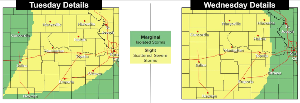 The National Weather Service's Topeka office posted these graphics Monday on its website identifying areas that it says are at risk for severe weather on Tuesday and Wednesday.